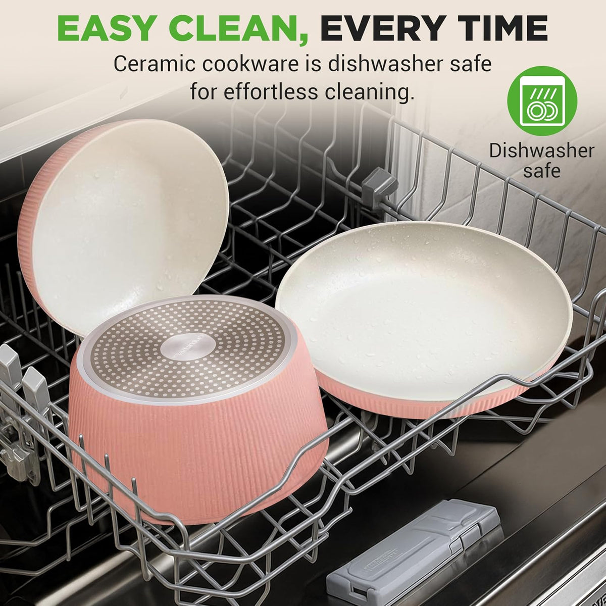 18 Pc Ceramic Cookware Set, Pots and Pans Set Non Stick, Pink | Ceramic Cookware Set, Includes Fry Pans, Utensils, Glass Lids, Detachable Handles, Induction Ready, Durable, Oven Safe