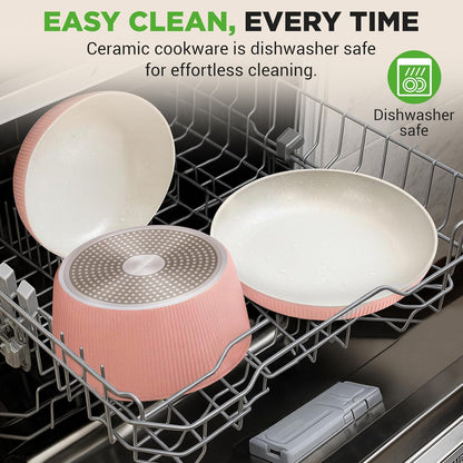 18 Pc Ceramic Cookware Set, Pots and Pans Set Non Stick, Pink | Ceramic Cookware Set, Includes Fry Pans, Utensils, Glass Lids, Detachable Handles, Induction Ready, Durable, Oven Safe