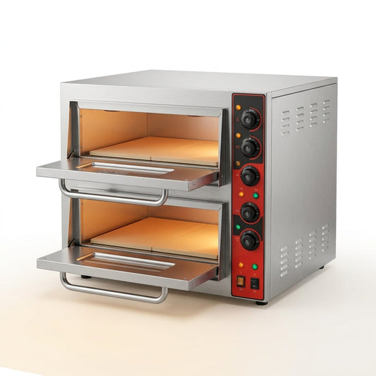 16" Indoor Electric Double Decker Pizza Oven W/Pizza Stone for Restaurant Home,Countertop Pizza Oven with 60-Min Ring Timer, Commercial Pizza Oven with 4 Large Heat Tube, 3200W, ETL Listed,Grey — Studio Shot