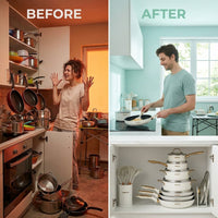21Pcs Tri-Ply Stainless Steel Cookware Set with Detachable Handle | Pots and Pans Set, Even Heating, Non-Toxic, Induction Compatible, Dishwasher& Oven Safe, Space Saving, Camping Cooking, White — Before & After