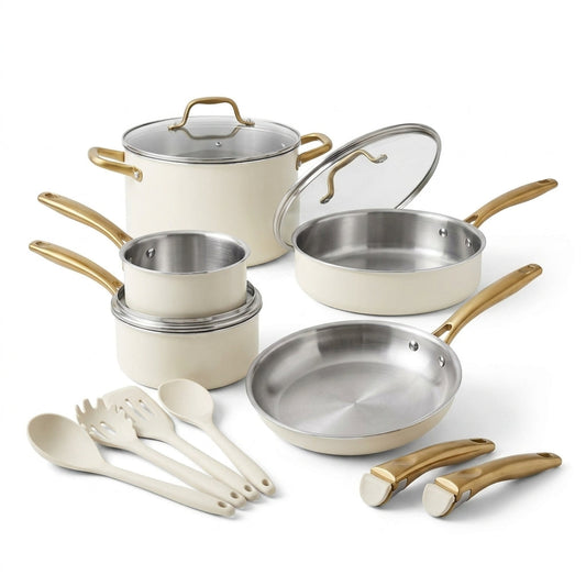 21Pcs Tri-Ply Stainless Steel Cookware Set with Detachable Handle | Pots and Pans Set, Even Heating, Non-Toxic, Induction Compatible, Dishwasher& Oven Safe, Space Saving, Camping Cooking, White — Studio Shot