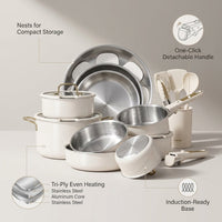 21Pcs Tri-Ply Stainless Steel Cookware Set with Detachable Handle | Pots and Pans Set, Even Heating, Non-Toxic, Induction Compatible, Dishwasher& Oven Safe, Space Saving, Camping Cooking, White — infographic