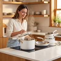 21Pcs Tri-Ply Stainless Steel Cookware Set with Detachable Handle | Pots and Pans Set, Even Heating, Non-Toxic, Induction Compatible, Dishwasher& Oven Safe, Space Saving, Camping Cooking, White — Lifestyle