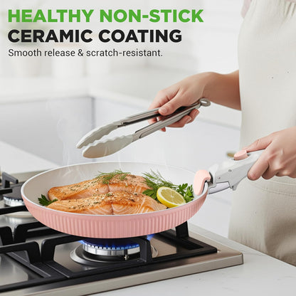 18 Pc Ceramic Cookware Set, Pots and Pans Set Non Stick, Pink | Ceramic Cookware Set, Includes Fry Pans, Utensils, Glass Lids, Detachable Handles, Induction Ready, Durable, Oven Safe