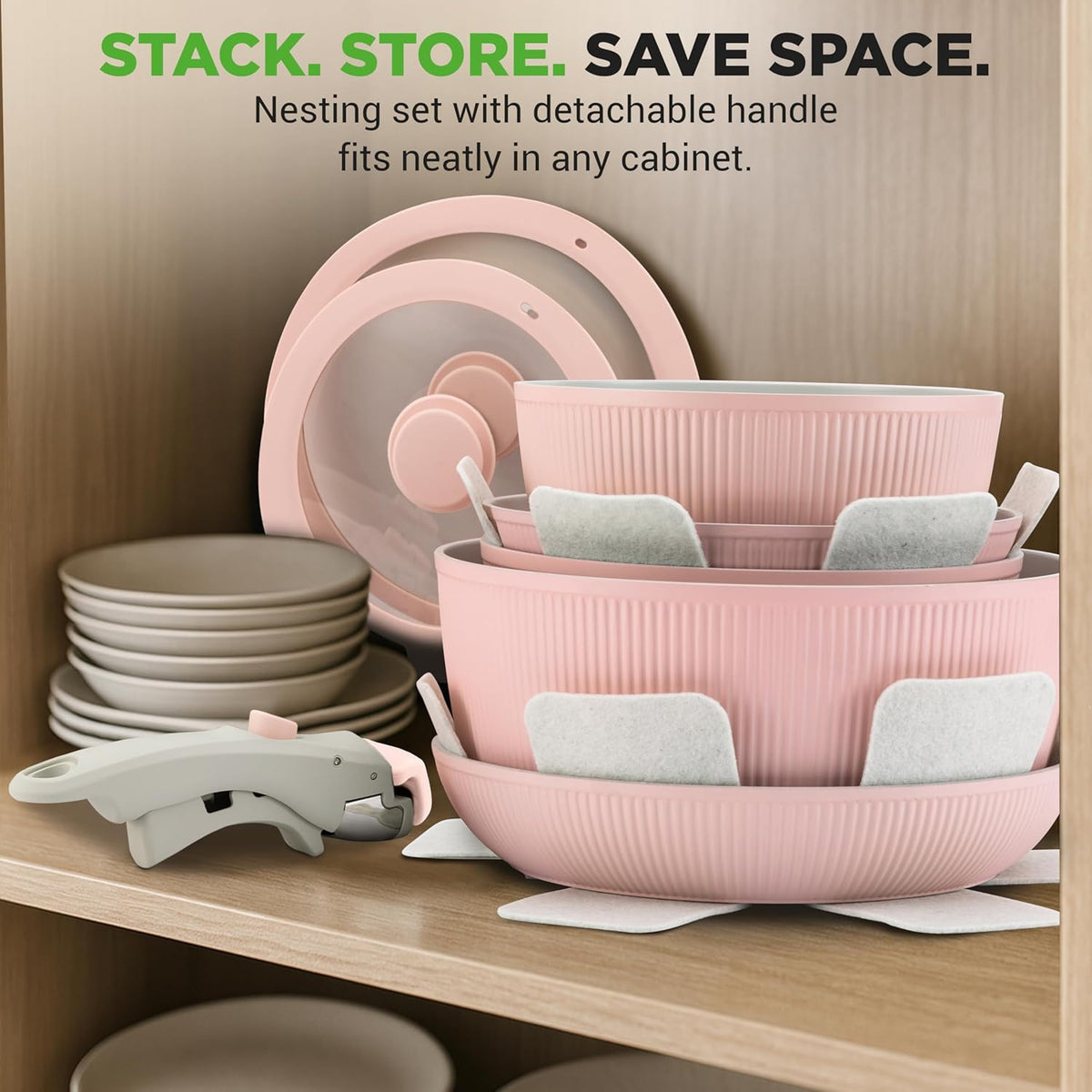 18 Pc Ceramic Cookware Set, Pots and Pans Set Non Stick, Pink | Ceramic Cookware Set, Includes Fry Pans, Utensils, Glass Lids, Detachable Handles, Induction Ready, Durable, Oven Safe