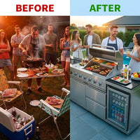 BBQ Island Outdoor Kitchen Kits, 4-Burner 72000 BTU Stainless Steel Modular 98 Inch Natural Gas Outdoor Kitchen Bar Barbecue Island Grill with Refrigerator and Sink for Patio Backyard — Before & After