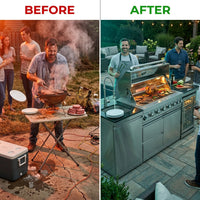 Outdoor Kitchen Island 85" 6-Burner 85000 BTU Deluxe Modular BBQ Island - Grill Islands W/Wine Cooler, Built in Combo outside Island + Rotisserie & Granite Top Outdoor Grill — Before & After