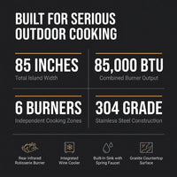 Outdoor Kitchen Island 85" 6-Burner 85000 BTU Deluxe Modular BBQ Island - Grill Islands W/Wine Cooler, Built in Combo outside Island + Rotisserie & Granite Top Outdoor Grill — Results & Stats