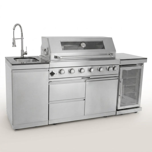 Outdoor Kitchen Island 85" 6-Burner 85000 BTU Deluxe Modular BBQ Island - Grill Islands W/Wine Cooler, Built in Combo outside Island + Rotisserie & Granite Top Outdoor Grill — Studio Shot