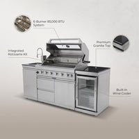 Outdoor Kitchen Island 85" 6-Burner 85000 BTU Deluxe Modular BBQ Island - Grill Islands W/Wine Cooler, Built in Combo outside Island + Rotisserie & Granite Top Outdoor Grill — infographic