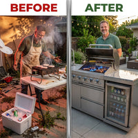 Outdoor Kitchen Island Built to Last, 72000 BTU 4-Burner, Stainless Steel, Refrigerator & Sink — Before & After