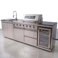 Outdoor Kitchen Island Built to Last, 72000 BTU 4-Burner, Stainless Steel, Refrigerator & Sink — Studio Shot
