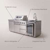 Outdoor Kitchen Island Built to Last, 72000 BTU 4-Burner, Stainless Steel, Refrigerator & Sink — infographic