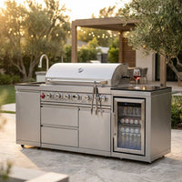 Outdoor Kitchen Island with Built in Grill, 6 Burner 83500 BTU Stainless Steel Gas Barbecue Island, Patio Cooking Station with Sink & Wine Cooler, Built in Grill Island for Backyard (Silver) — Studio Shot