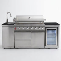 Outdoor Kitchen Island with Built in Grill, 6 Burner 83500 BTU Stainless Steel Gas Barbecue Island, Patio Cooking Station with Sink & Wine Cooler, Built in Grill Island for Backyard (Silver) — Studio Shot