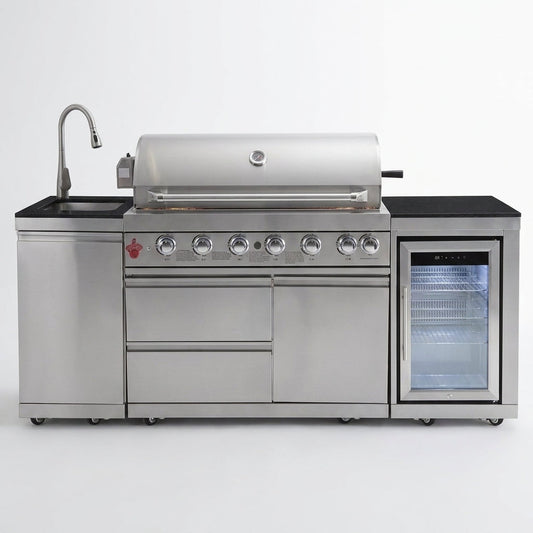 Outdoor Kitchen Island with Built in Grill, 6 Burner 83500 BTU Stainless Steel Gas Barbecue Island, Patio Cooking Station with Sink & Wine Cooler, Built in Grill Island for Backyard (Silver) — Studio Shot