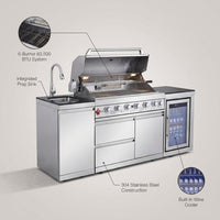 Outdoor Kitchen Island with Built in Grill, 6 Burner 83500 BTU Stainless Steel Gas Barbecue Island, Patio Cooking Station with Sink & Wine Cooler, Built in Grill Island for Backyard (Silver) — infographic