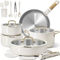 21Pcs Tri-Ply Stainless Steel Cookware Set with Detachable Handle | Pots and Pans Set, Even Heating, Non-Toxic, Induction Compatible, Dishwasher& Oven Safe, Space Saving, Camping Cooking, White