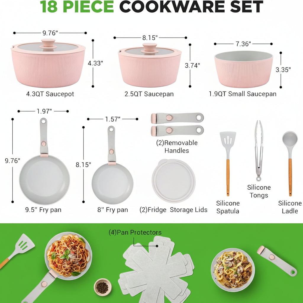 18 Pc Ceramic Cookware Set, Pots and Pans Set Non Stick, Pink | Ceramic Cookware Set, Includes Fry Pans, Utensils, Glass Lids, Detachable Handles, Induction Ready, Durable, Oven Safe