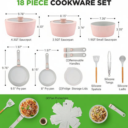 18 Pc Ceramic Cookware Set, Pots and Pans Set Non Stick, Pink | Ceramic Cookware Set, Includes Fry Pans, Utensils, Glass Lids, Detachable Handles, Induction Ready, Durable, Oven Safe