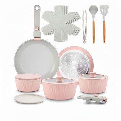 18 Pc Ceramic Cookware Set, Pots and Pans Set Non Stick, Pink | Ceramic Cookware Set, Includes Fry Pans, Utensils, Glass Lids, Detachable Handles, Induction Ready, Durable, Oven Safe