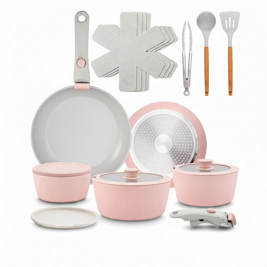 18 Pc Ceramic Cookware Set, Pots and Pans Set Non Stick, Pink | Ceramic Cookware Set, Includes Fry Pans, Utensils, Glass Lids, Detachable Handles, Induction Ready, Durable, Oven Safe